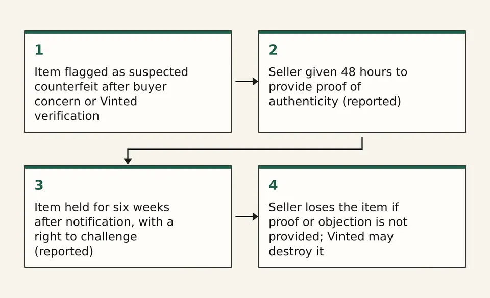 A four-step diagram showing a flagged item moving from buyer concern or verification, to a 48-hour proof window, to a six-week hold, to either return or destruction