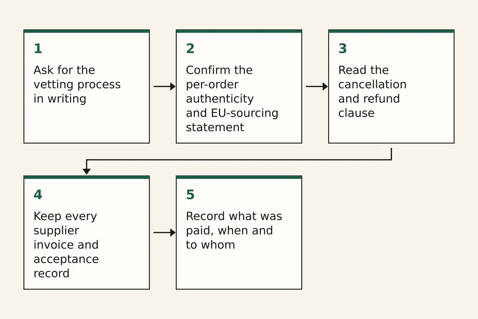 Five-step diagram of checks a buyer makes before a first prepaid order