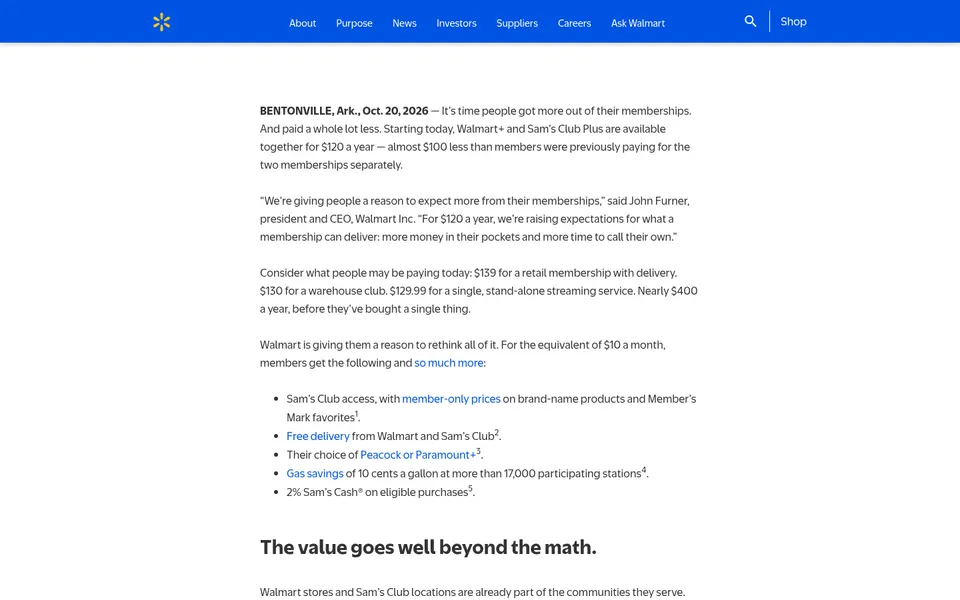 Screenshot of a Walmart newsroom article with blue header navigation, dated Bentonville, Ark., Oct. 20, 2026, announcing a Walmart+ and Sam's Club Plus bundle for $120 a year.