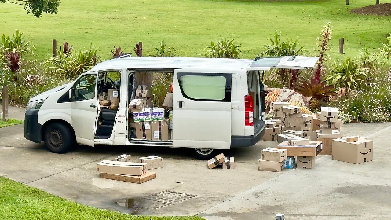 A white delivery van with its side and rear doors open, surrounded by many cardboard parcels on a driveway beside a grassy lawn and tropical plants.