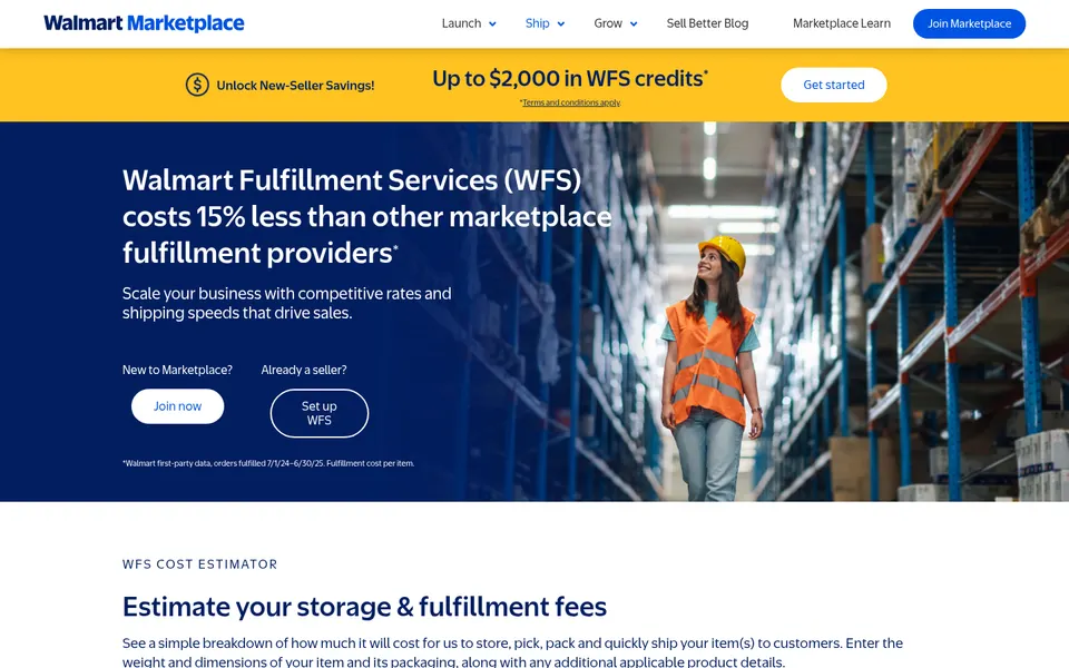 Walmart Marketplace page promoting Walmart Fulfillment Services with a worker in a high-visibility vest in a warehouse aisle.