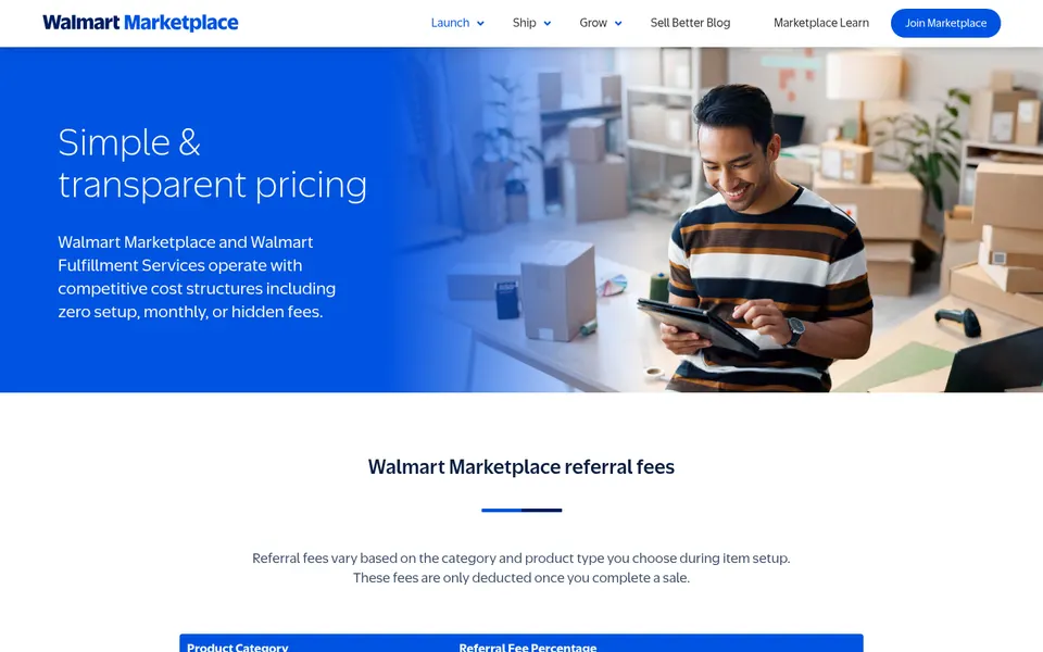 Walmart Marketplace pricing page with a man smiling while using a tablet among cardboard boxes, beside the headline Simple & transparent pricing.