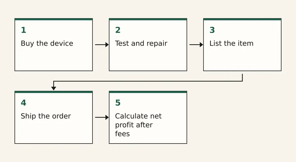 Diagram of five steps: buy the device, test and repair, list the item, ship the order, and calculate net profit after fees