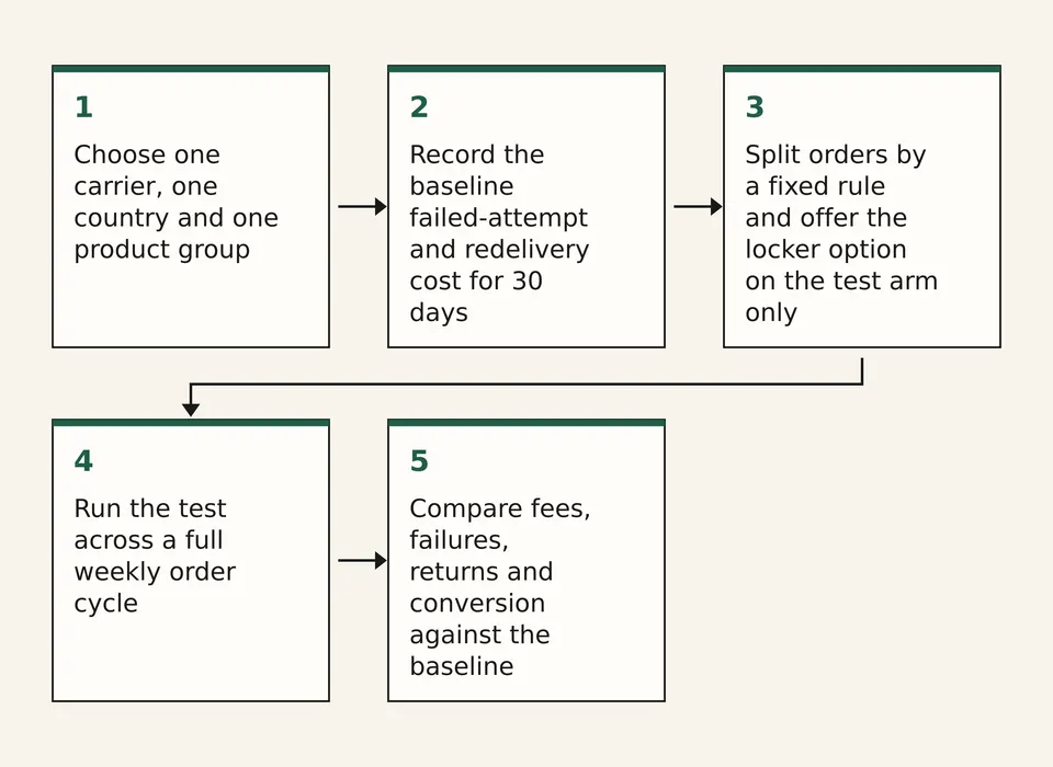 Flow diagram of five steps for a locker delivery test, from choosing a carrier to reporting results.