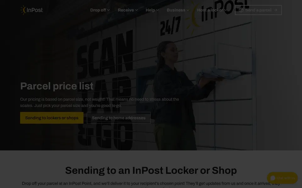 Woman in dark jacket holding a parcel at a locker wall with a 'SCAN' sign, under a dimmed 'Parcel price list' web banner.