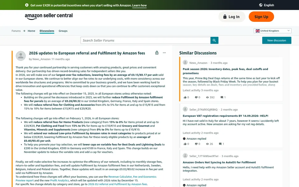 Amazon Seller Central forum page showing a post on 2026 European referral and Fulfilment by Amazon fee updates, with similar discussions listed on the right.