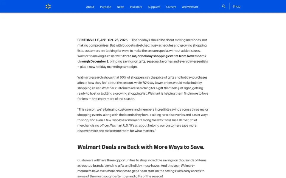 Screenshot of a Walmart corporate news page announcing three holiday shopping events, with the article text and headline visible.