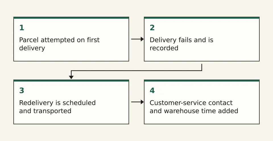 Four-step diagram of a failed first delivery: attempt, failed attempt, redelivery, and customer contact