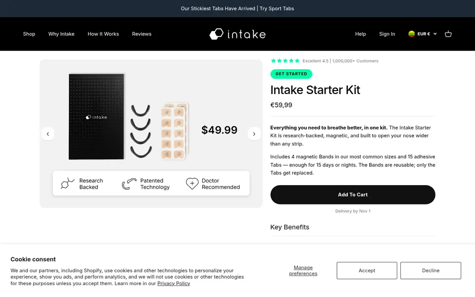 Intake Starter Kit product page showing a black box, three magnetic nasal bands, adhesive tabs, and a €59,99 price with an Add To Cart button.