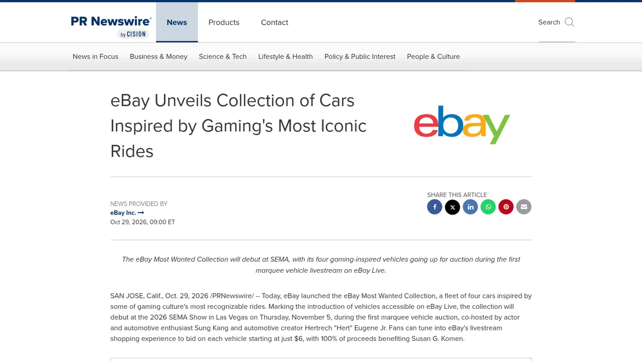 Screenshot of a PR Newswire press release page headlined eBay Unveils Collection of Cars Inspired by Gaming's Most Iconic Rides, with the eBay logo.