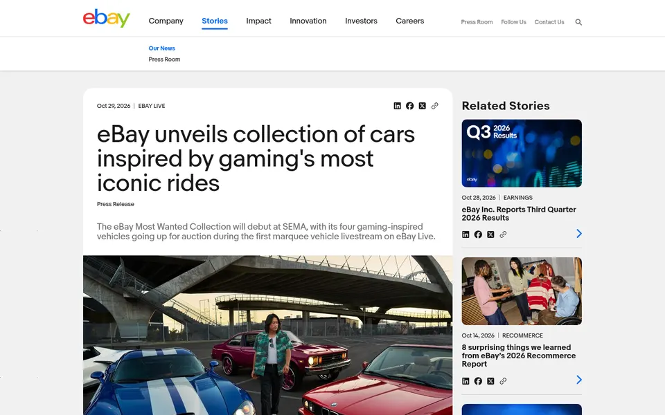 Screenshot of an eBay newsroom story headlined about a car collection inspired by gaming, with a photo of colorful classic cars and a woman in a plaid shirt.