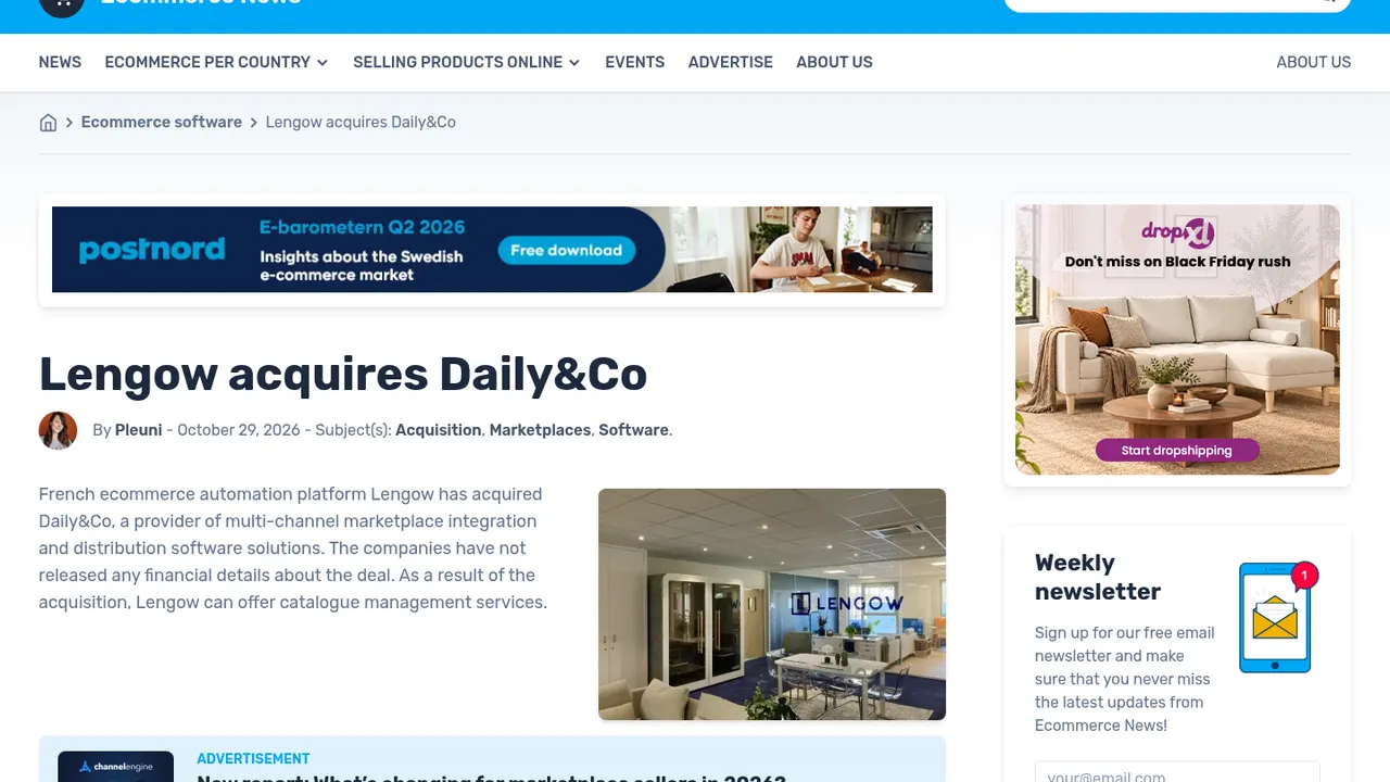 Screenshot of the Ecommerce News article page titled Lengow acquires Daily&Co, with an ad banner, a photo of an office with a Lengow logo, and a newsletter sign-up.