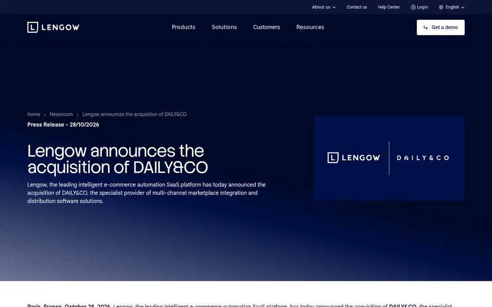 Lengow website press release page announcing the acquisition of DAILY&CO, with logos of both companies shown on a dark blue panel.