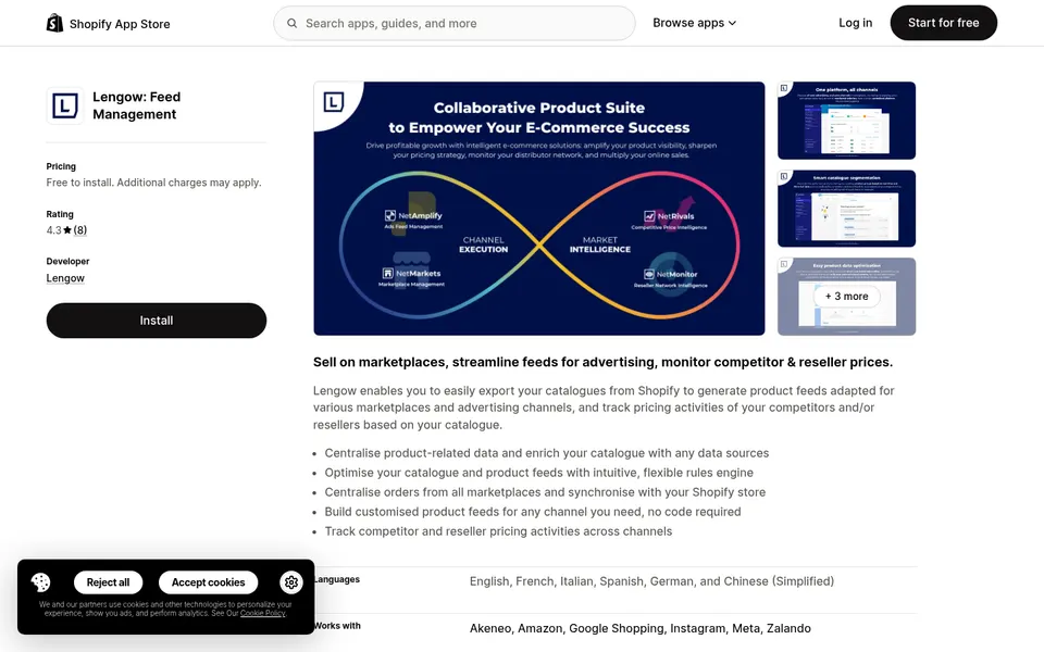 Shopify App Store listing for Lengow: Feed Management, showing a product suite banner, pricing, rating, and feature description.